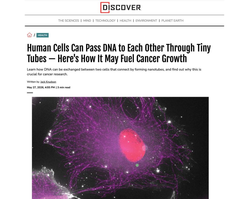 Screenshot of a Discover story with headline "Human Cells Can Pass DNA to Each Other Through Tiny Tubes — Here's How It May Fuel Cancer Growth"